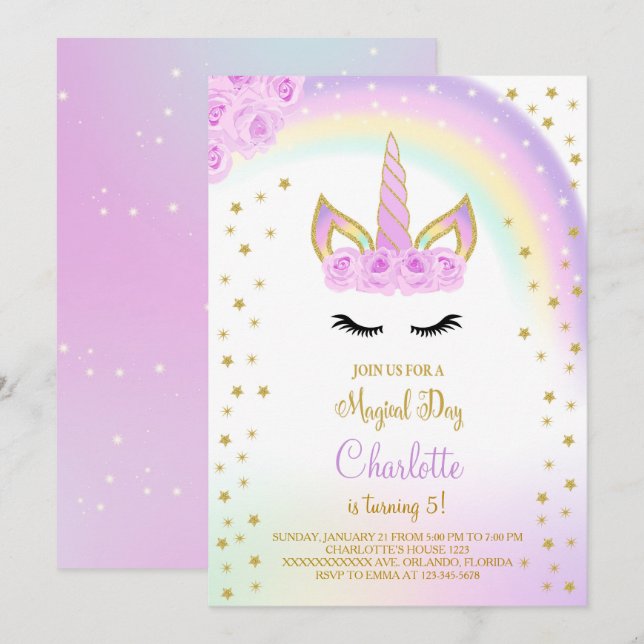 Purple With Rainbow Unicorn Invite (Front/Back)