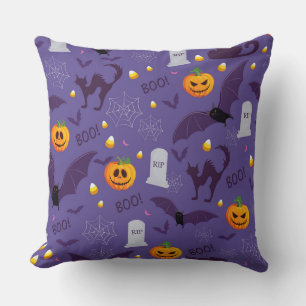 PURPLE WITH TOMBSTONES ORANGE PUMPKINS BATS THROW PILLOW
