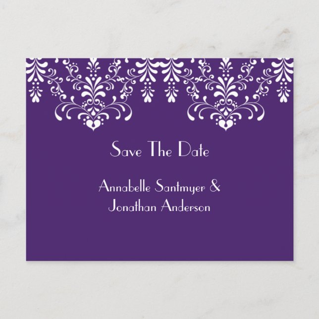 Purple with White Floral Swirls Save The Date Announcement Postcard (Front)