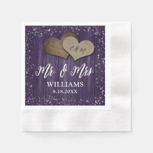 Purple Wood Burlap Hearts Mr. & Mrs. Wedding Napkin