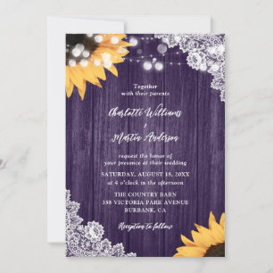 Purple Wood Floral Lace Sunflower Wedding Invitation