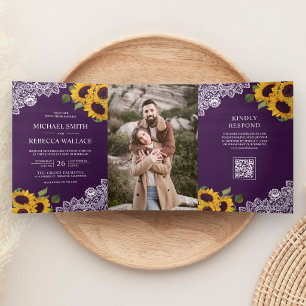 Purple Wood Lace Sunflower Photo QR Code Wedding Tri-Fold Invitation