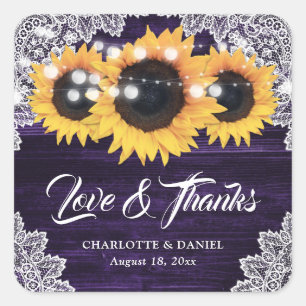Purple Wood Lace Sunflower Wedding Thank You Square Sticker