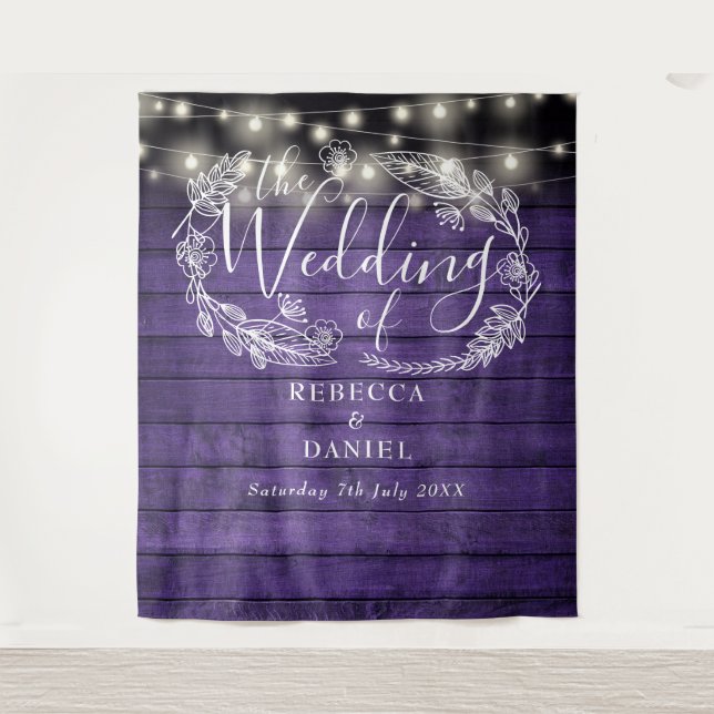 Purple Wood String Lights Floral Wedding Backdrop Tapestry (Front)