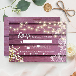 Purple Wood String Lights & Lace Wedding RSVP Card