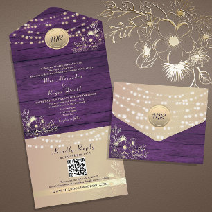 Purple Wood String Lights Rustic Wedding All In One Invitation