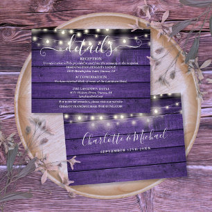 Purple Wood String Lights Script Wedding Details Enclosure Card