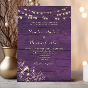 Purple Wood String Lights Wedding Invitation