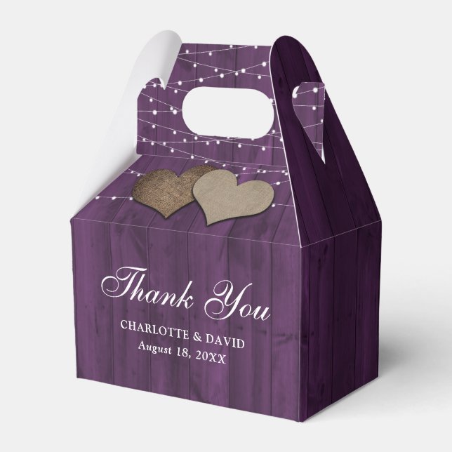 Purple Wood String Lights Wedding Thank You Favor Box (Front Side)