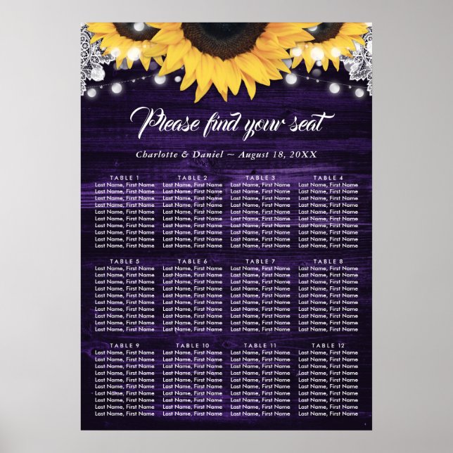 Purple Wood Sunflower Wedding Seating Chart 12 (Front)