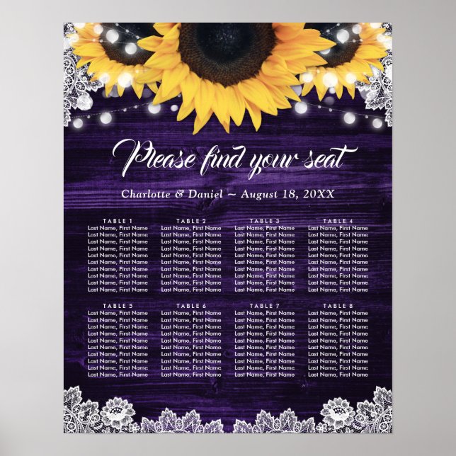 Purple Wood Sunflower Wedding Seating Chart 8 (Front)