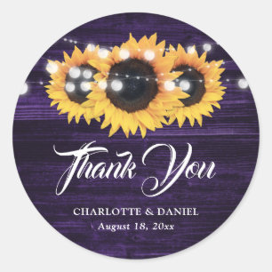 Purple Wood Sunflower Wedding Thank You Classic Round Sticker