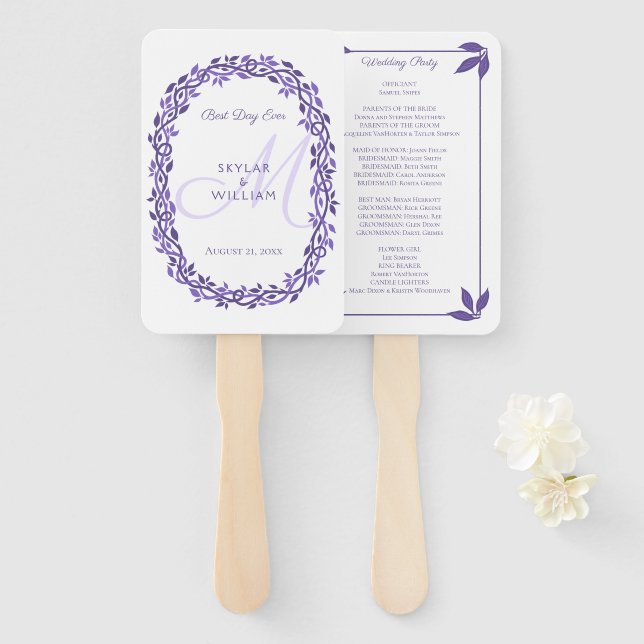 Purple Woodsy Wedding Monogram Best Day Ever Hand Fan (Front and Back)