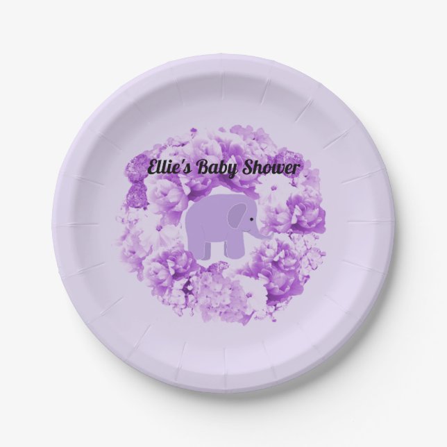 Purple Wreath and Elephant Paper Plates (Front)