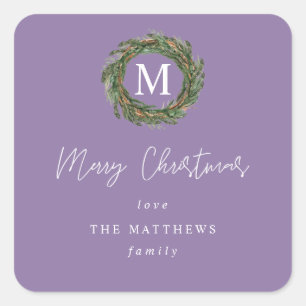 Purple Wreath Monogram Merry Christmas Gift Square Sticker