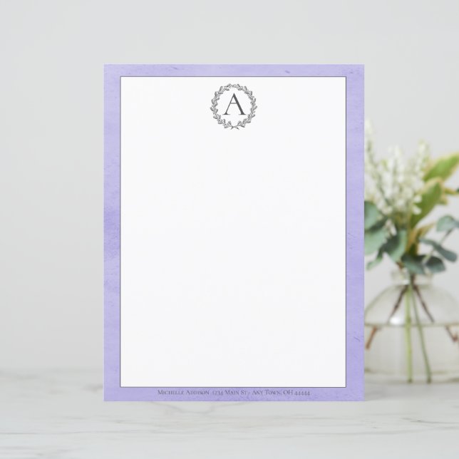 Purple Wreath Monogram Stationery (Standing Front)
