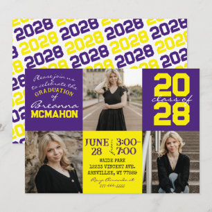Purple & Yellow 3 Photo Graduation Invitation