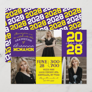 Purple & Yellow 3 Photo Graduation Invitation