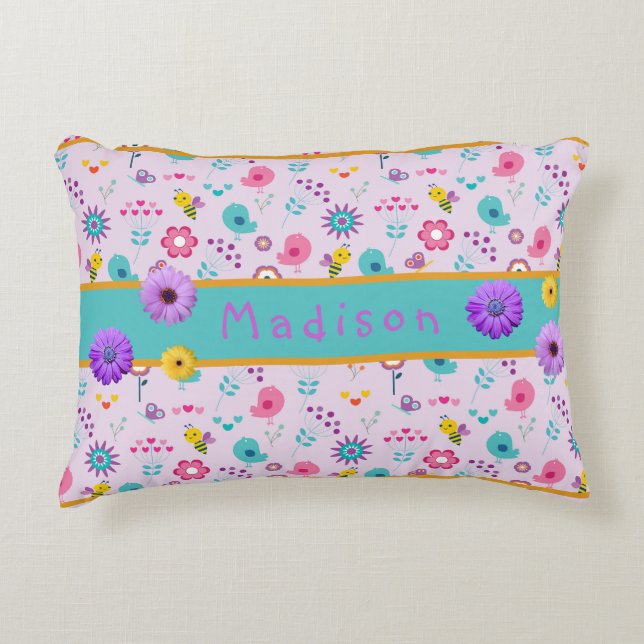 Purple, yellow and teal little girl's personalized accent pillow (Front)