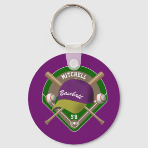 Purple  Yellow Baseball Diamond Player Name Number Keychain