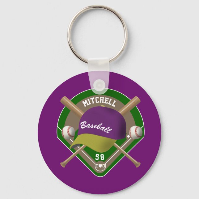 Purple |Yellow Baseball Diamond Player Name Number Keychain (Front)