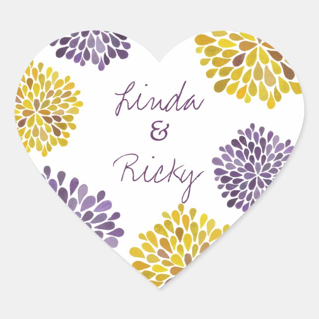 Purple & Yellow Bloom Bursts Wedding Sticker Seal (Front)