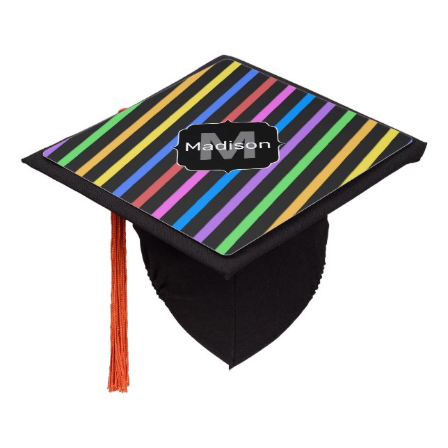 Purple Yellow Blue Black trippy stripes Monogram Graduation Cap Topper (Angled)