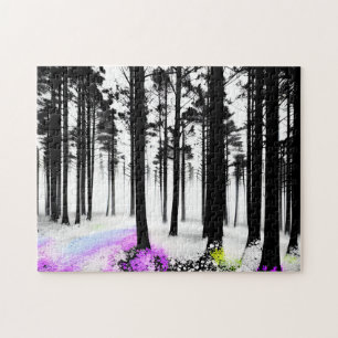 Purple Yellow Blue into Black Silhouette Forest Jigsaw Puzzle
