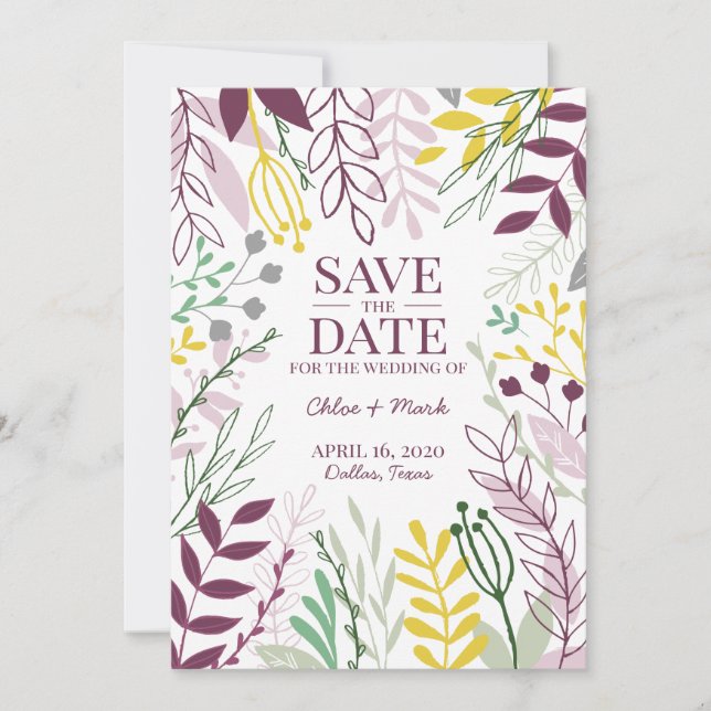 Purple Yellow Boho Floral Garden Summer Fall Save The Date (Front)