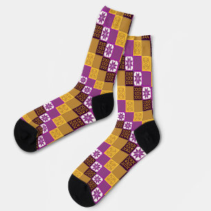 Purple Yellow Brown Classic European Mosaic Tiles Socks