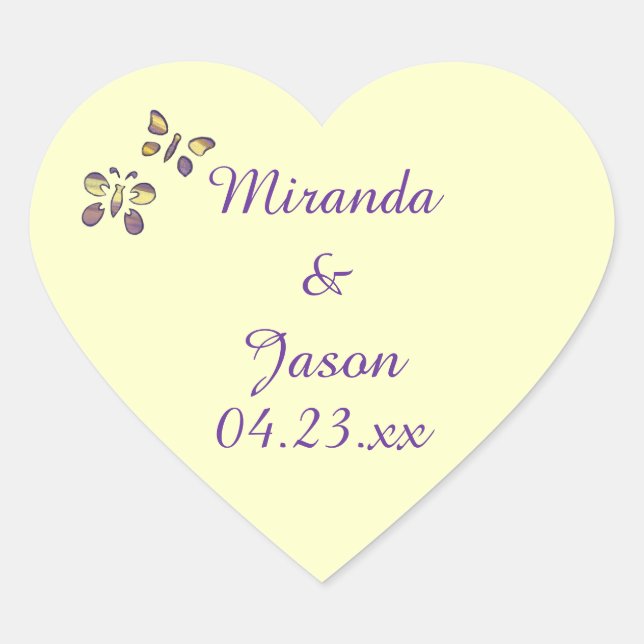 Purple Yellow Butterflies Save the Date Wedding Heart Sticker (Front)