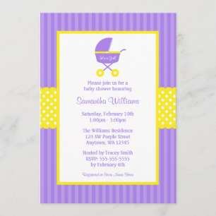 Purple Yellow Carriage Striped Dots Baby Shower Invitation