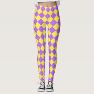 Purple Yellow Chequered Diamond Pattern Leggings