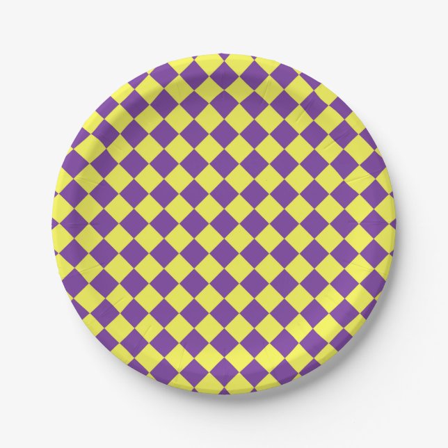 Purple Yellow Chequered Diamond Pattern Paper Plate (Front)