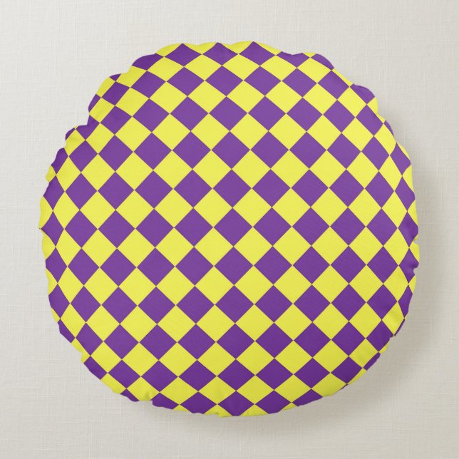Purple Yellow Chequered Diamond Pattern  Round Pillow (Front)