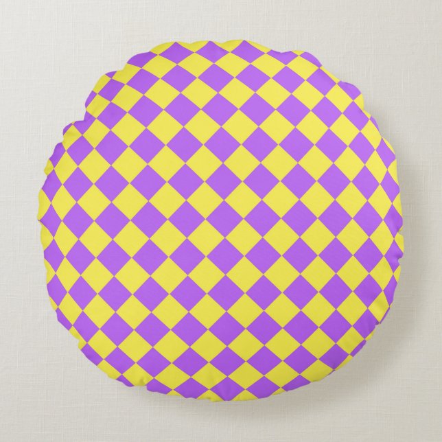 Purple Yellow Chequered Diamond Pattern  Round Pillow (Front)