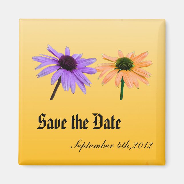 purple & yellow daisy flowers, save the date magnet (Front)