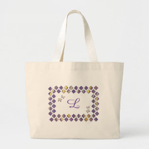 Purple, Yellow Diamonds and Butterflies Monogram Large Tote Bag