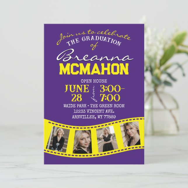 Purple & Yellow Filmstrip 5 Photo Graduation Invitation (Standing Front)