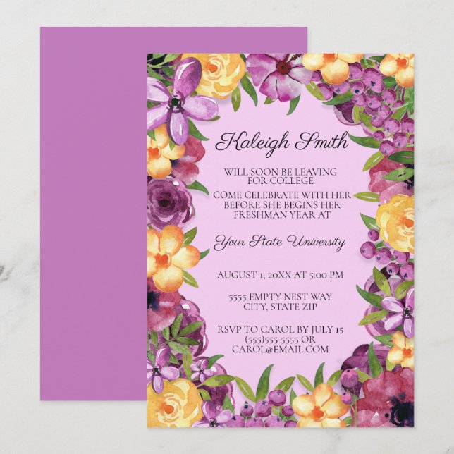 Purple Yellow Floral College Trunk Party Invite (Front/Back)