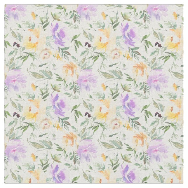 Purple Yellow Floral Pattern Flowers Fabric (Close Up)