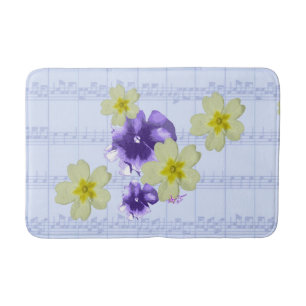 Purple & Yellow Flowers Blue Sheet Music Bath Mat