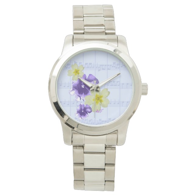Purple & Yellow Flowers Sheet Music Silver Watch (Front)