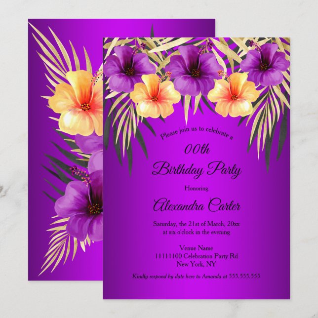 Purple Yellow Gold Palms Hibiscus Birthday Party Invitation (Front/Back)