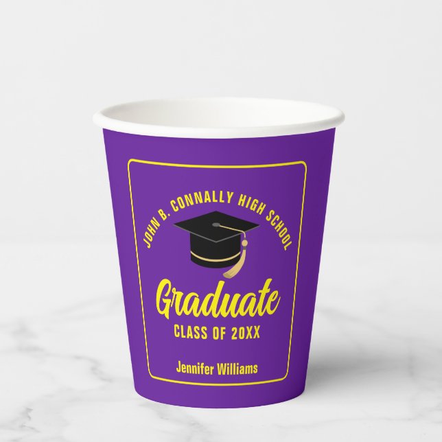 Purple Yellow Graduate Custom Graduation Party Paper Cups (Front)