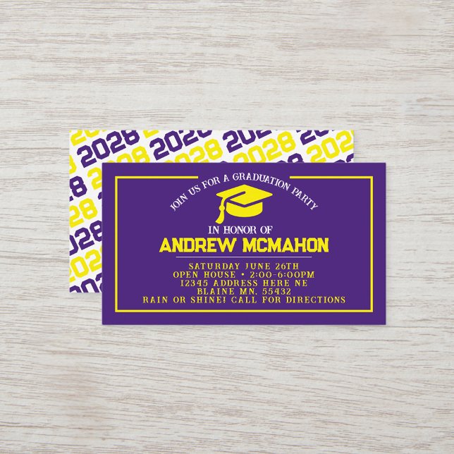 Purple & Yellow Graduation Mini Graduation Invites (Purple, Yellow and White Mini Graduation Invites for Friends, Team Mates or as Inserts!)