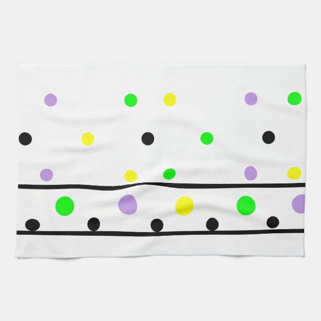 Purple Yellow Green Black Polka Dots Kitchen Towel (Horizontal)