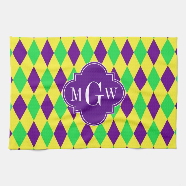 Purple Yellow Green Harlequin Purp Quat 3 Monogram Kitchen Towel (Horizontal)