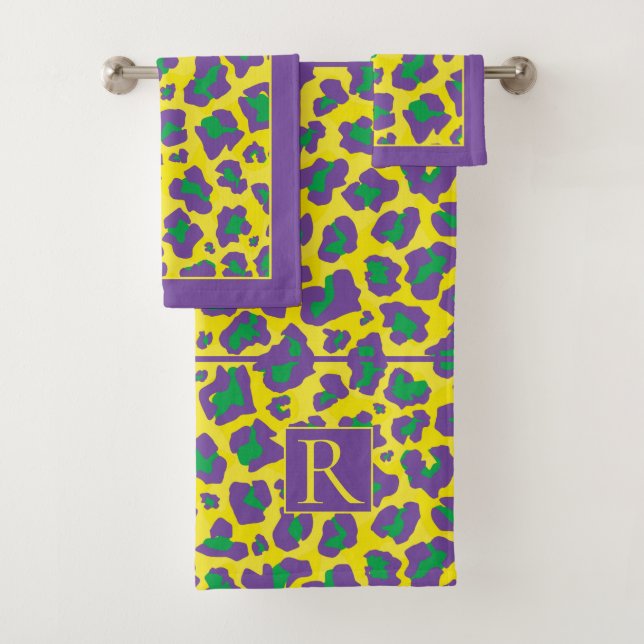 Purple, yellow, green leopard print and monogram bath towel set (Insitu)