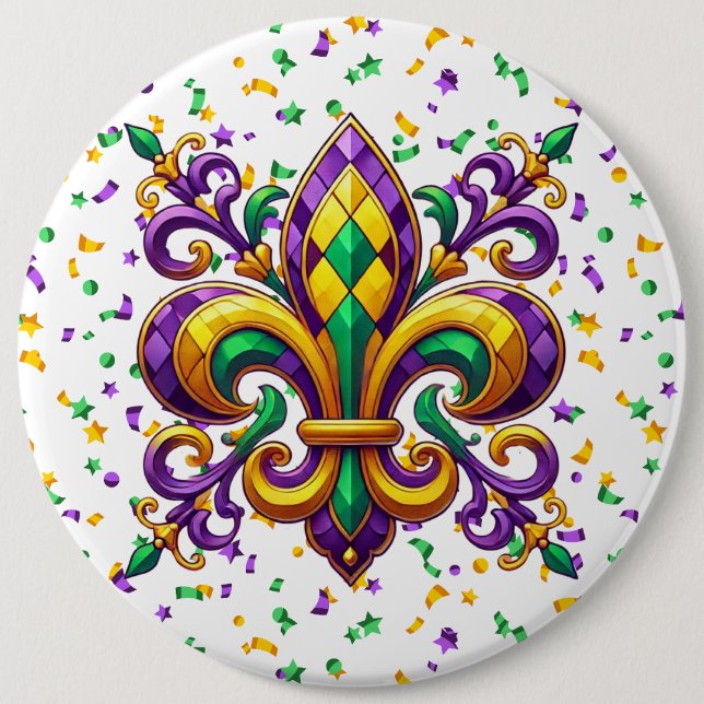 Purple yellow green Mardi Gras fleur de lis 6 Inch Round Button (Front)
